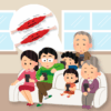 A family sitting on a couch and playing on their phones in their living room